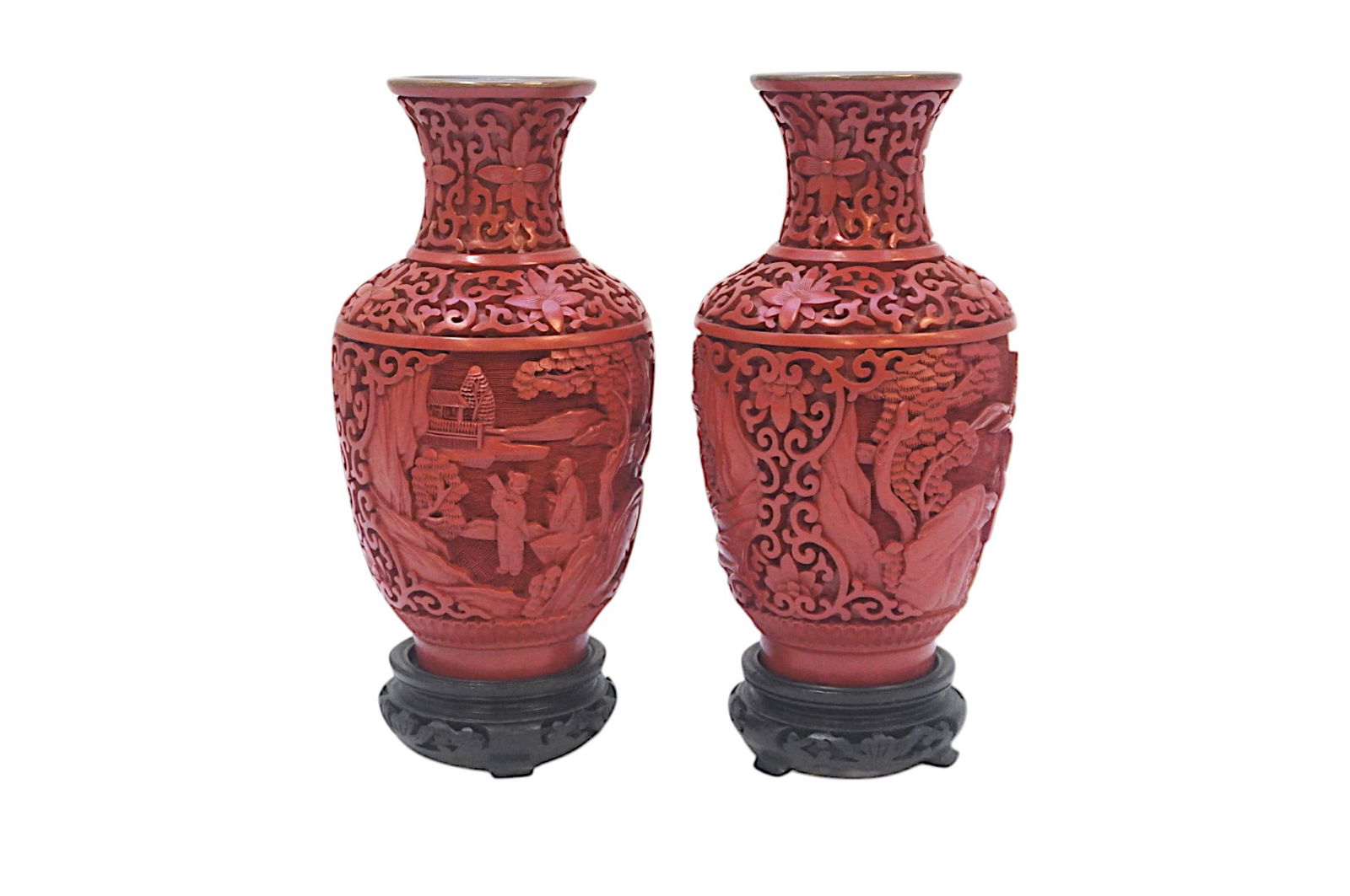 MATCHED PAIR CINNABAR LACQUER & ENAMEL VASES (1 of 5)