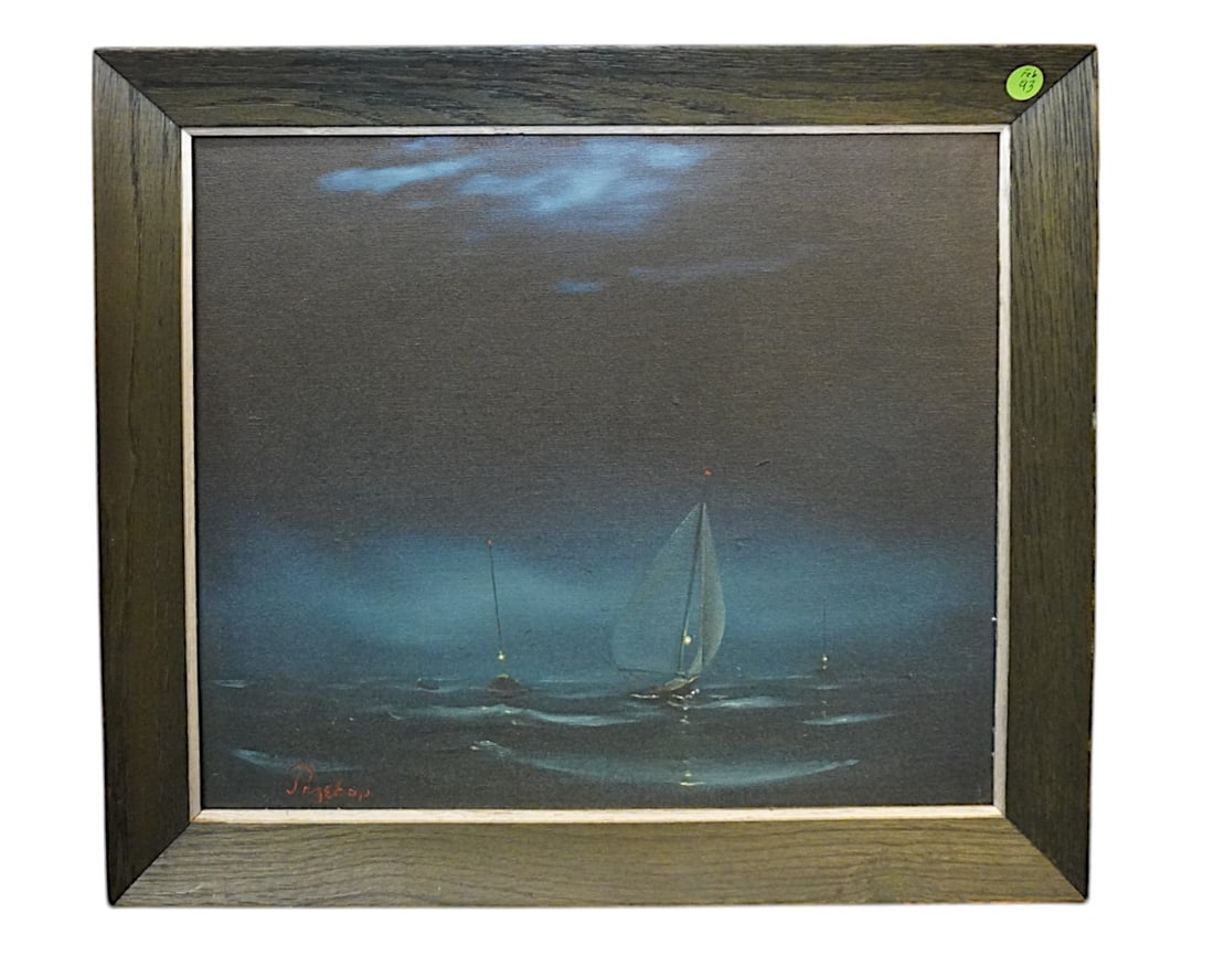 MID CENTURY OIL MARITIME SAILBOATS NIGHT: Mid Century Maritime Sailboats at Night Oil on Board. Signed Pryhop. Qood frame. In frame measures 20 1/2"x18 1/2"x1 1/2". Weight