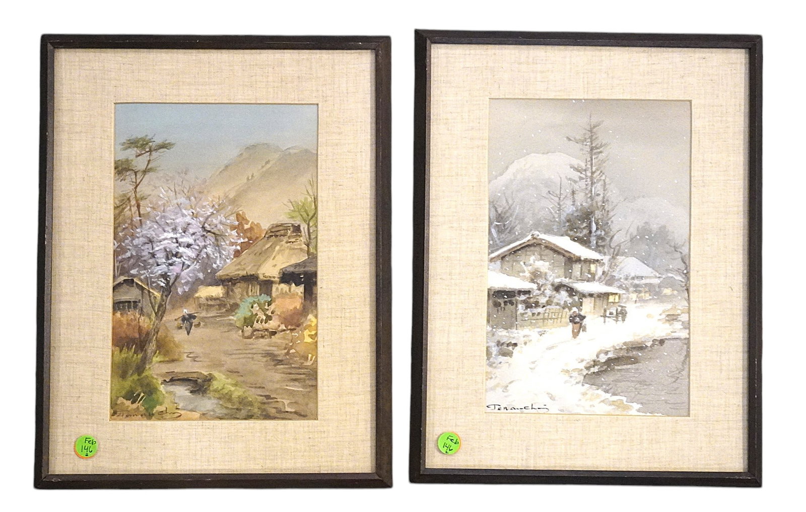 PAIR OF FUKUTARO TERAUCHI (1891-1964) WATERCOLORS: Pair of 1940s Original Fukutaro Terauchi (1891-1964) Japanese Watercolors. Purchased and framed in Japan. In frames 12"x16"x1". Weight combined 4 lbs. Painter and printmaker Fukutaro Terauchi was born