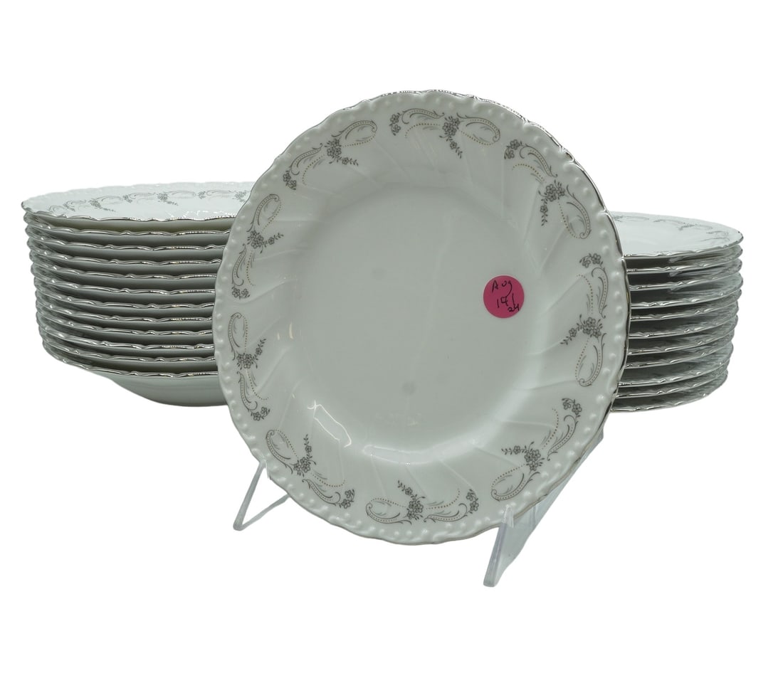 24 PC CAPEANS PORCELANA ESPANA SOUP & SALAD: Stunning Capeans Porcelana Espana Soup Bowls & Salad Plates 24 Piece. This pattern features a soft enameled floral pattern of gray and gold against a white porcelain background. The outer rim of the s