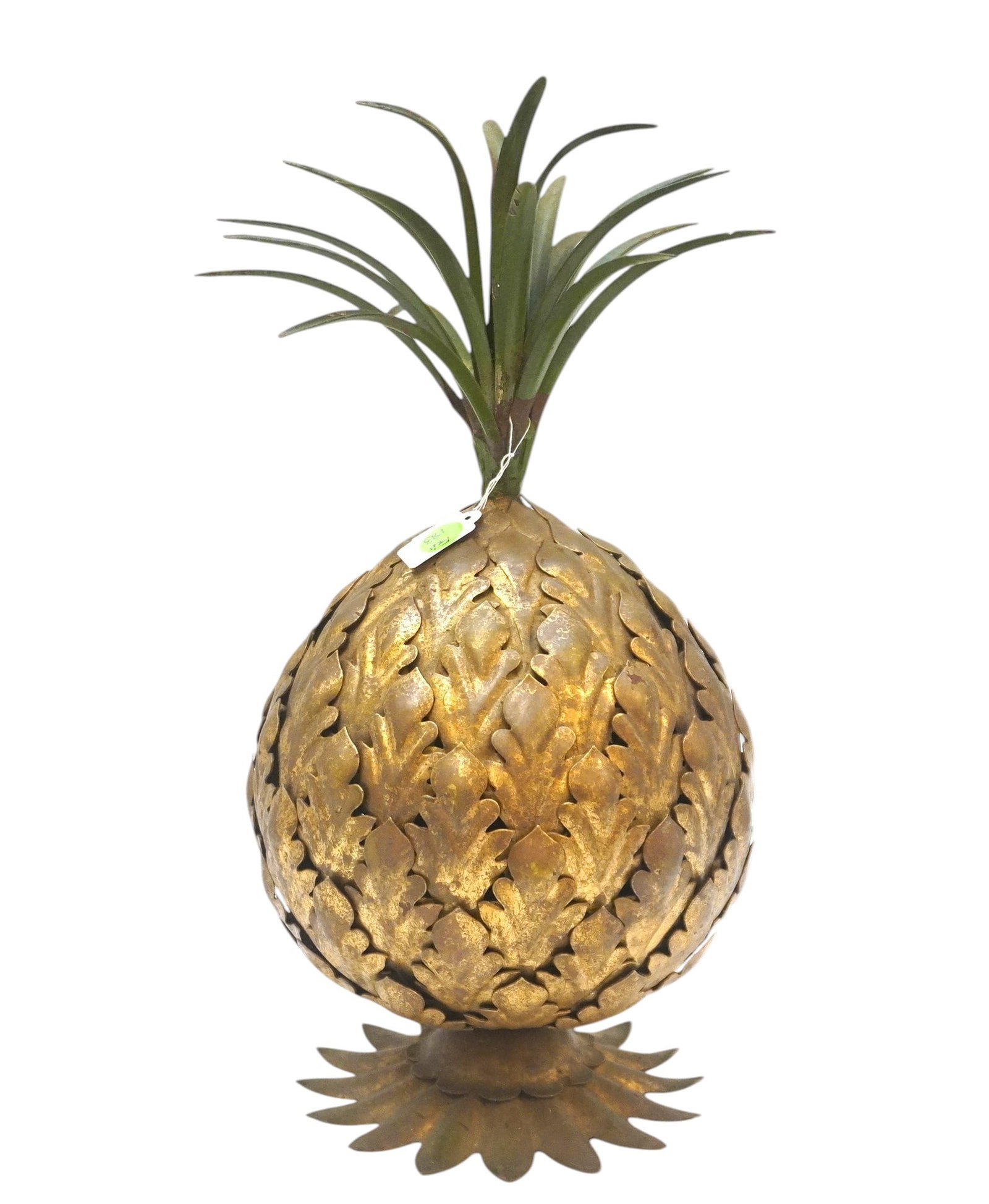 LARGE ITALIAN TOLE GILT PINEAPPLE: Large Vintage Italian Gilt Tole Pineapple. Features a stylized metal pineapple with an applied gilt finish with green frond top. Marked Italy underside. Measures 8"x8"x16" tall. Weight 5 lbs