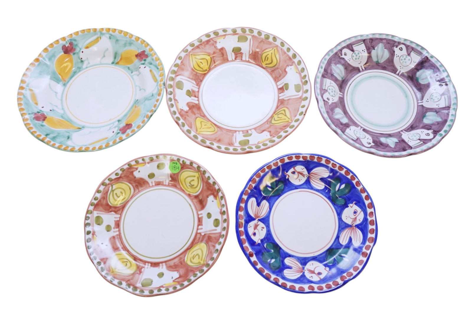 SOLIMENE VIETRI HAND PAINTED ITALIAN POTTERY SALAD PLATES - 5 PIECES: Solimene Vietri Hand Painted Italian Pottery Salad Plates/Shallow Soup Bowls. Small measure 8.25" in dia. and larger measures 9.5" in dia. Each measures about 6.5" in dia. Founded in 2003, Solimene Ar
