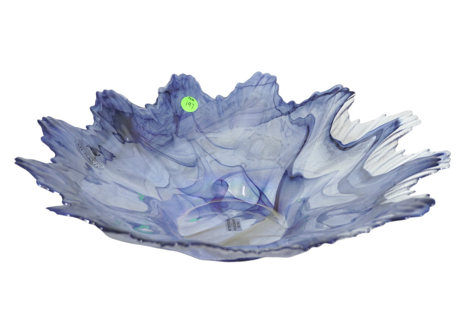 MURANO GLASS SPLASH DESIGN BOWL: Murano Glass Splash Design Bowl with Stunning Blue Swirls. Has original Murano sticker still attached. Measures 14.75" in dia. x 4", weighs 2 lbs 11 oz.