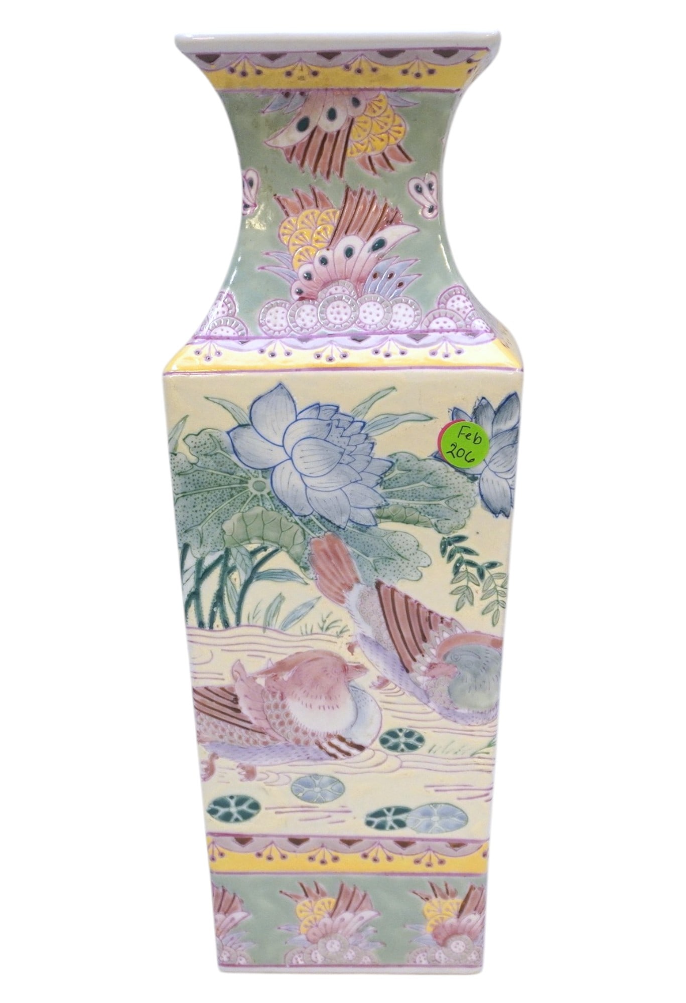 VINTAGE PORCELAIN CHINOISERIE MACAU VASE: Vintage Chinoiserie Macau Vase with markings on bottom. Measures 15.5" x 5.5" x 5.5", weighs 5 lbs 4 oz.