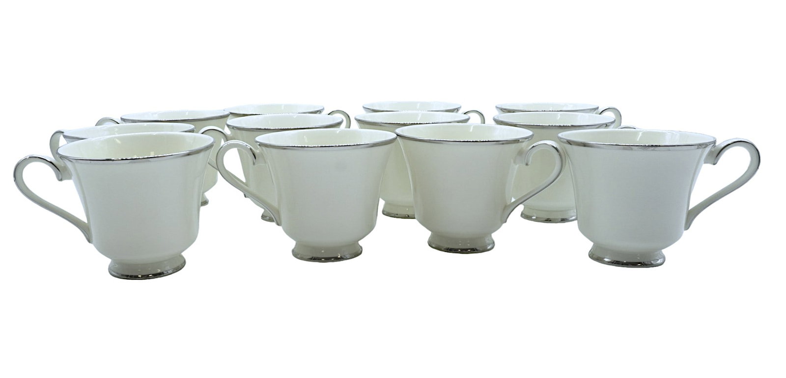 12 ROYAL DOULTON BONE CHINA TEACUPS IN PATTERN "CAROLYN": 13 Royal Doulton Bone China Teacups in Pattern "Carolyn" with Platinum Details. All marked on bottom. Each measures 3" x 4.25" x 3.5", total lot weight is 3.75 lbs