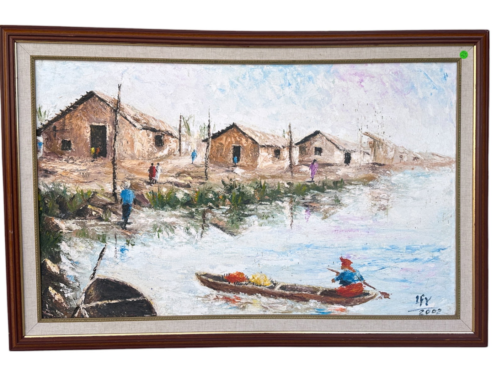 VINTAGE LARGE ASIAN SPATULA PAINTING: Vintage Large 2002 Asian Spatula Painting. Thailand or Vietnam. In frame measures 43 1/2"x29 1/2". Weight 8 lbs