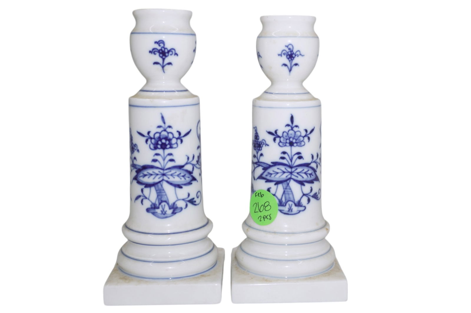 PAIR MEISSEN BLUE AND WHITE PORCELAIN CANDLESTICKS (1 of 6)