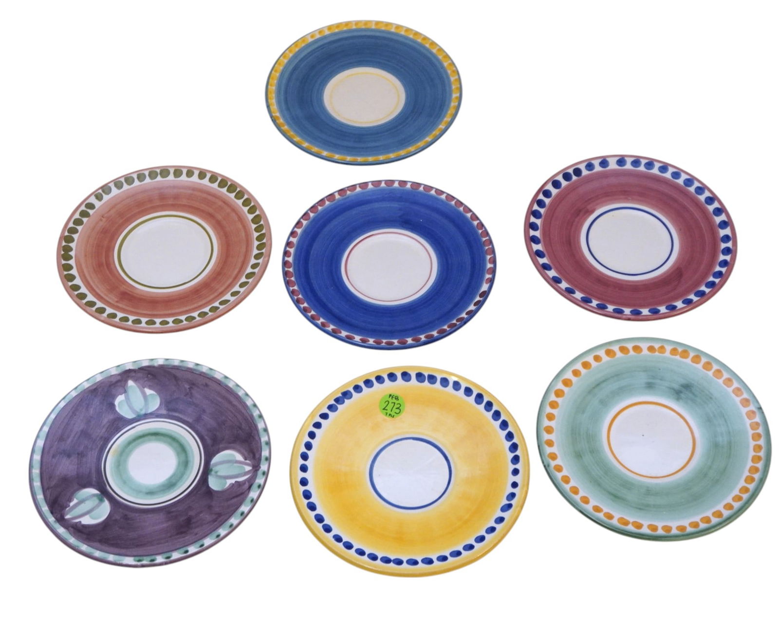 7 SOLIMENE VIETRI HAND PAINTED ITALIAN POTTERY SMALL PLATES/SAUCERS: 7 Solimene Vietri Hand Painted Italian Pottery Saucers/Small Plates. Each measures about 6.5" in dia. Founded in 2003, Solimene Art Pottery is an excellent example of Made in Italy Craftsmanship. The