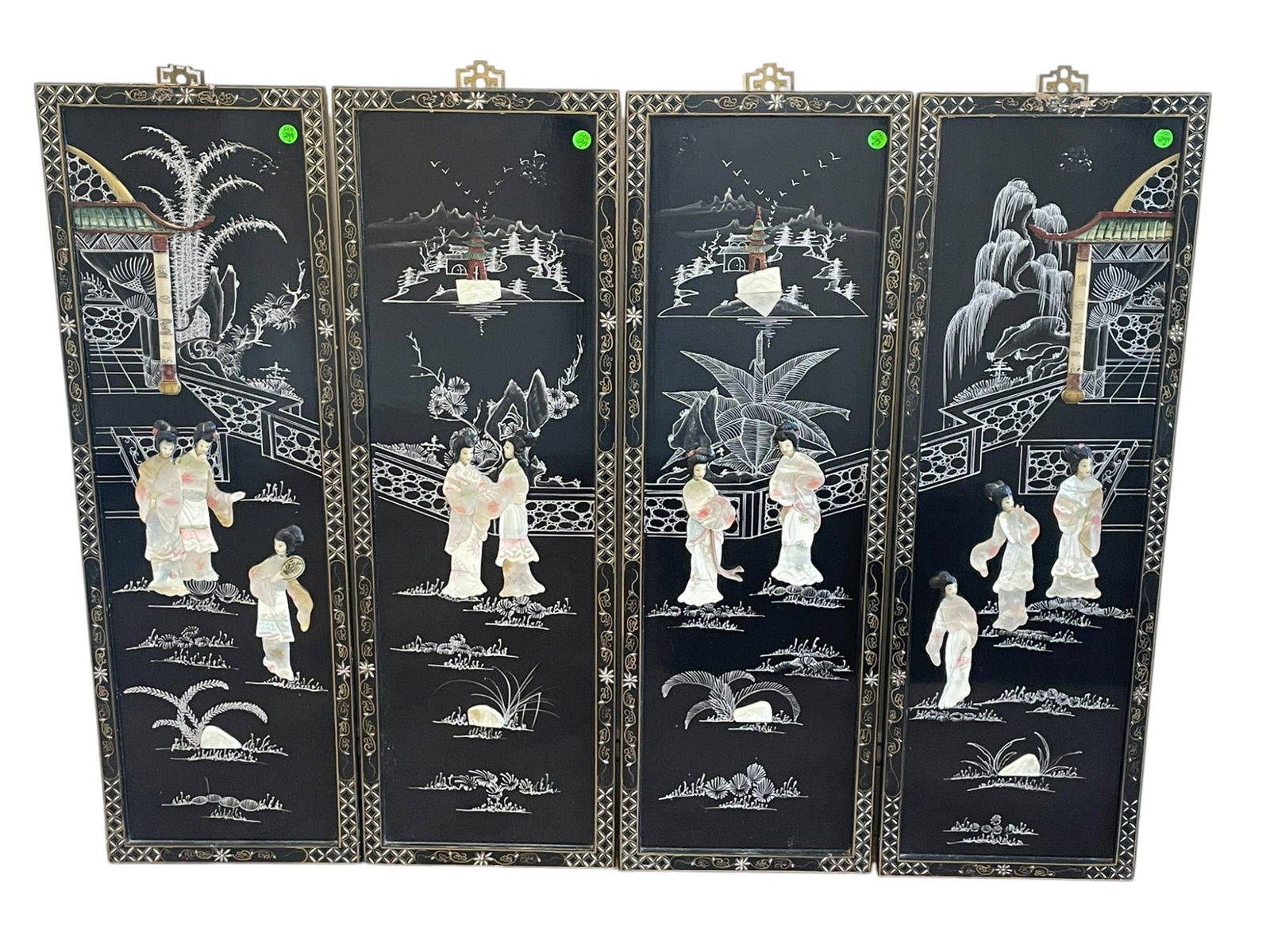 4 VINTAGE BLACK LACQUER INLAID MOP ASIAN PANELS (1 of 5)