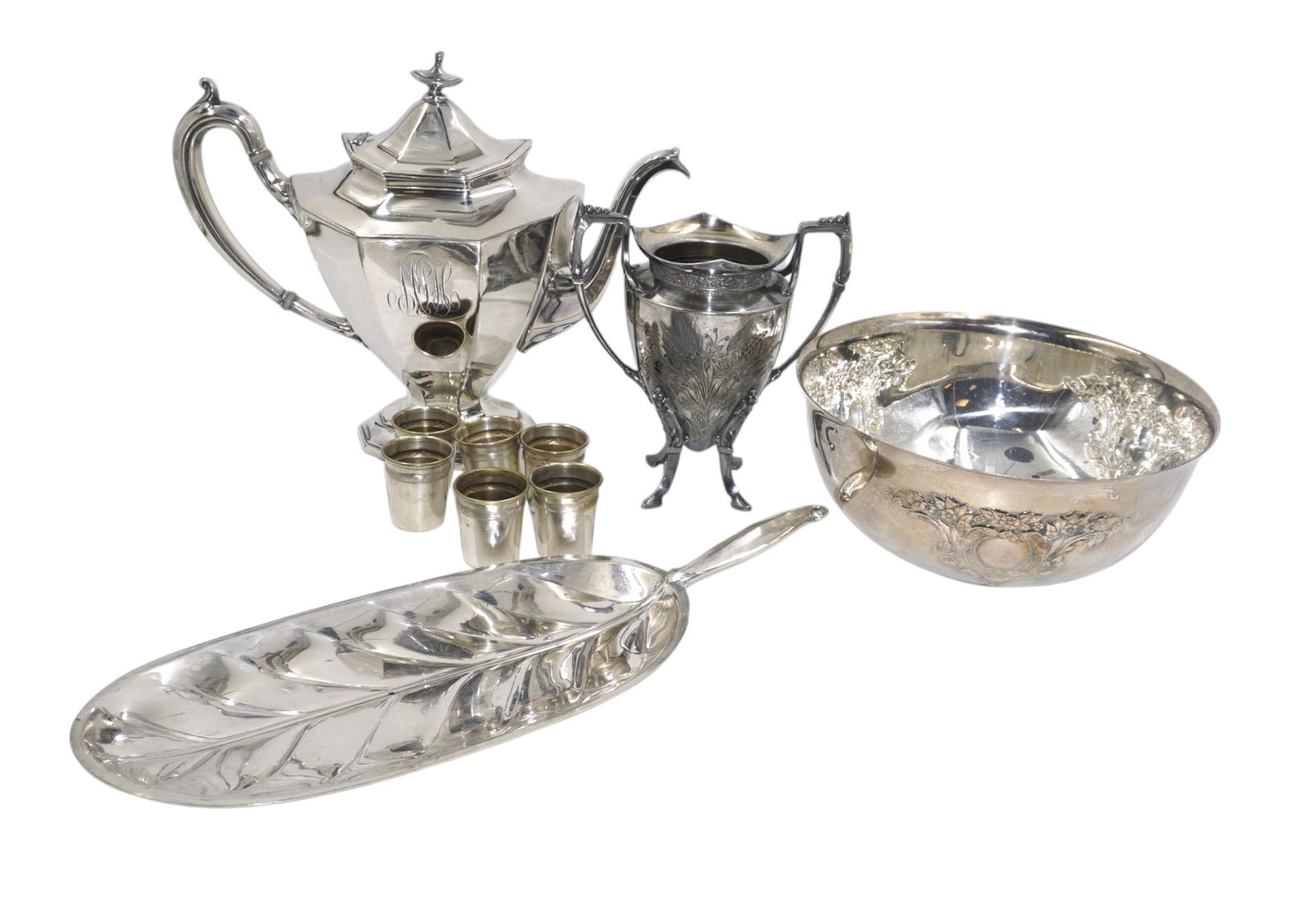 5 pc SILVERPLATE TEA - BOWL - SPOONER - CUPS + (1 of 5)