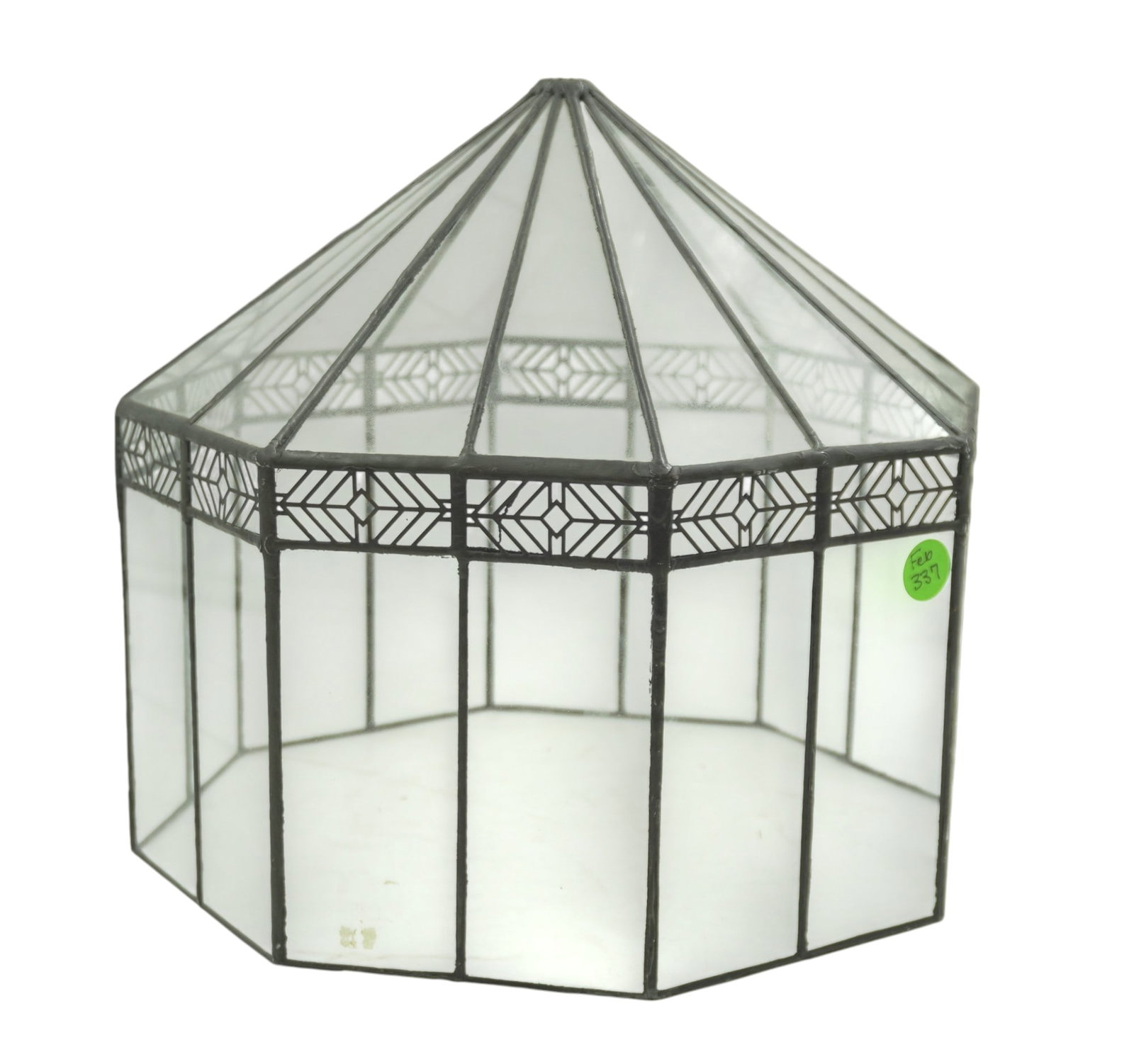 VINTAGE LEADED GLASS TERRARIUM: Vintage Leaded Glass Terrarium. Measures 11". Total Weight 4 lbs.