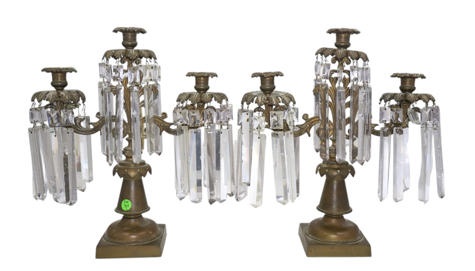 PAIR ANTIQUE GIRONDOLE CANDELABRA: Pair of Antique Girondole Candellabra, Missing a few crystal prisms. Each 13"x4.5"x15". Weight combined 17 lbs