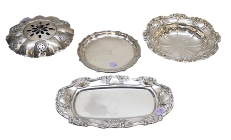 4 pc SILVER PLATE TRAYS & FLOWER BOWL