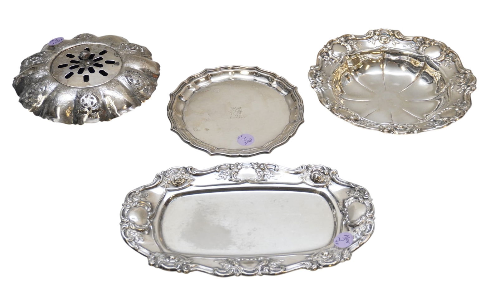 4 pc SILVER PLATE TRAYS & FLOWER BOWL (1 of 2)