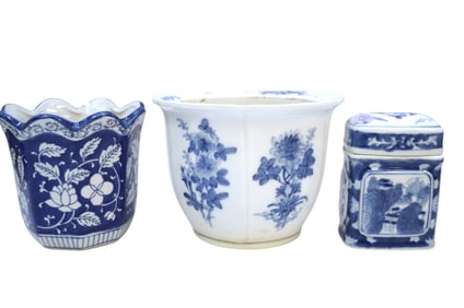 3 pc BLUE & WHITE PORCELAIN PLANTERS & JAR