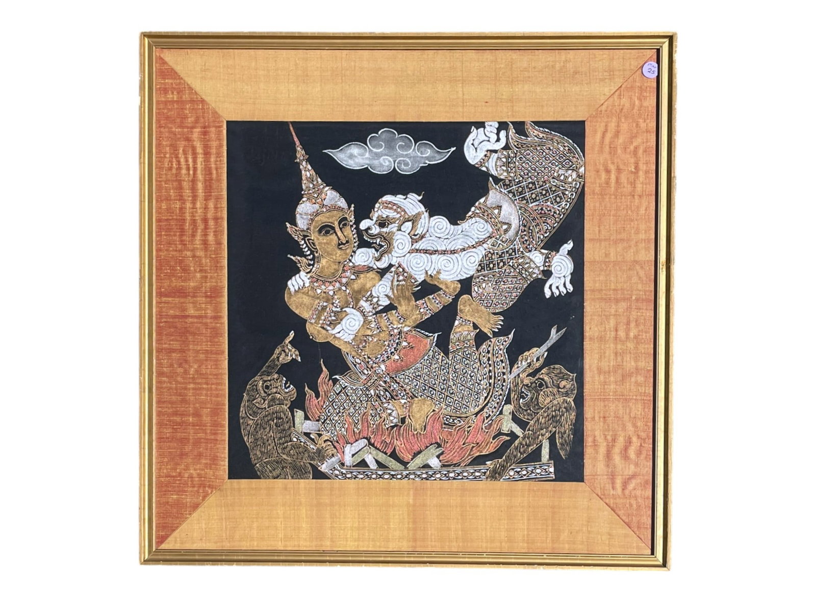 MID CENTURY BALINESE HINDU BATUAN PAINTING: Mid Century 1960 Balinese Hindu Batuan Painting on Fabric, possibly silk. Framed and matted. In frame 25"x25"x3/4". Weight 8 lbs.