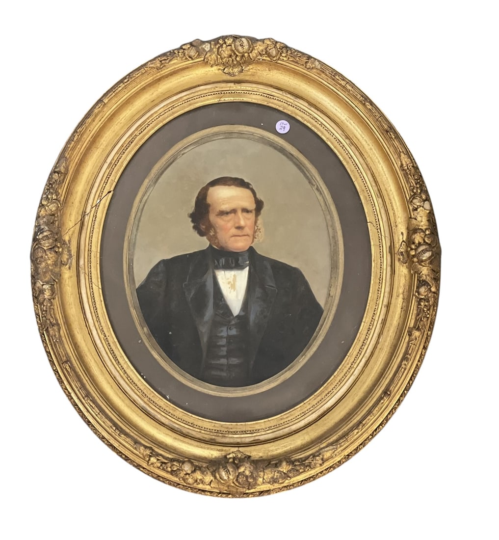 1860s PORTRAIT OF A GENTLEMAN: Civil War Era Oil Portrait from Clarke's Union Photographic Gallery (American, active 1860s) 643 Broadway, New York. In the original period carved gilt frame under glass. Some flaking to paint. Split 