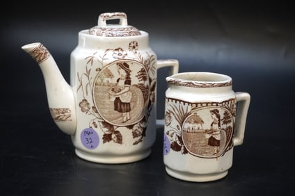 STAFFORDSHIRE BROWN TRANSFERWARE LITTLE MAE WITH EGGS