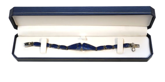 VINTAGE LAPIS INLAY AND STERLING SILVER PANEL BRACELET