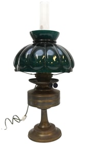ANTIQUE BRASS DITMAR VIENNA OIL LAMP W GREEN GLASS SHADE