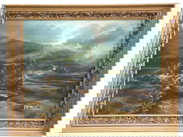 LARGE FRAMED VINTAGE COASTAL FISHING OIL ON CANVAS