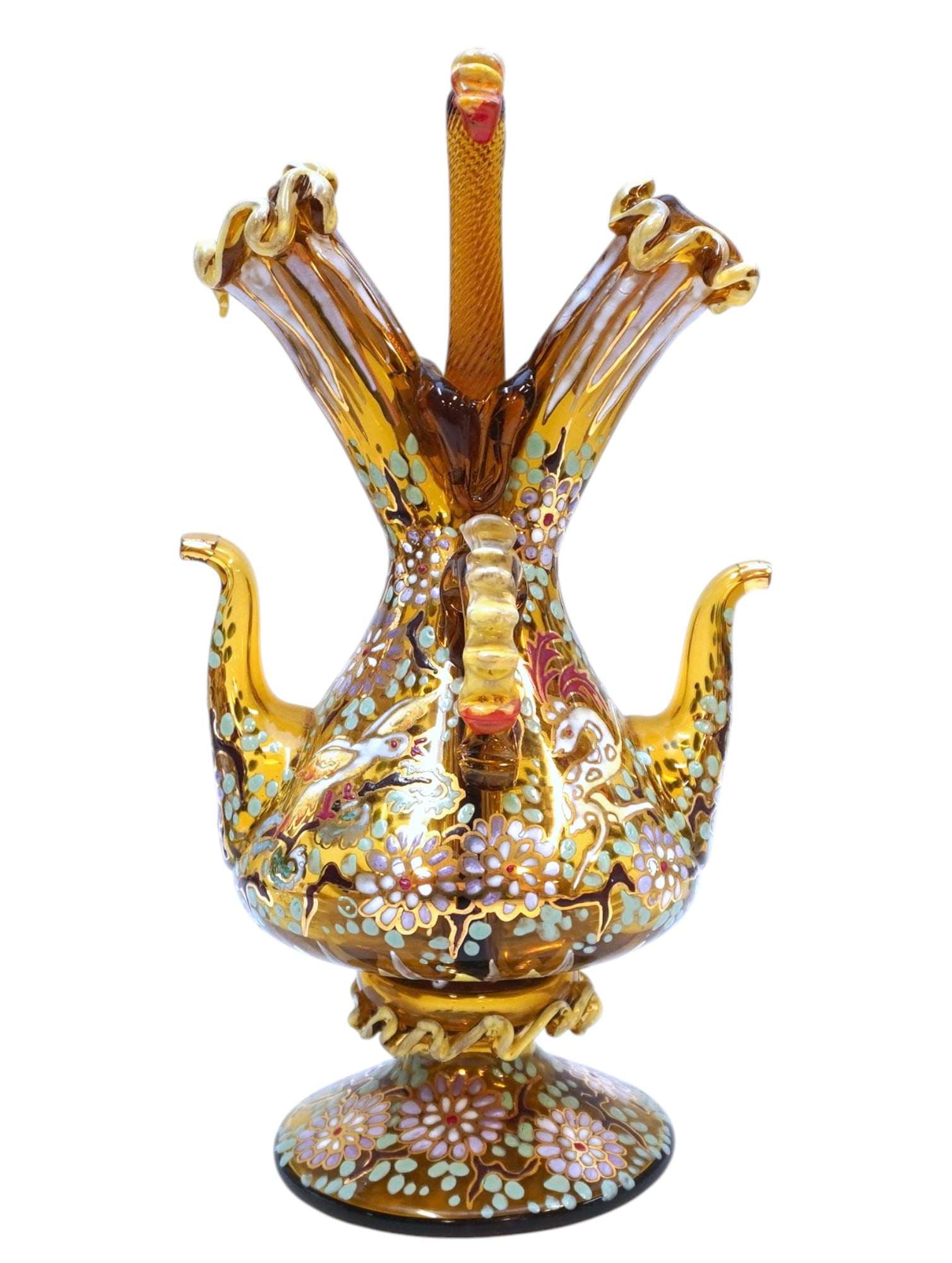 ANTIQUE MOSER ENAMELED ART GLASS DECANTER: Superb Moser Enameled Art Glass Decanter, Spouts on Each Side. Center Handled, Exotic Enameled Birds, Animals & Flowers of this Acid-Etched Work Rise from Surface of The Golden Amber Glass in Bas Reli