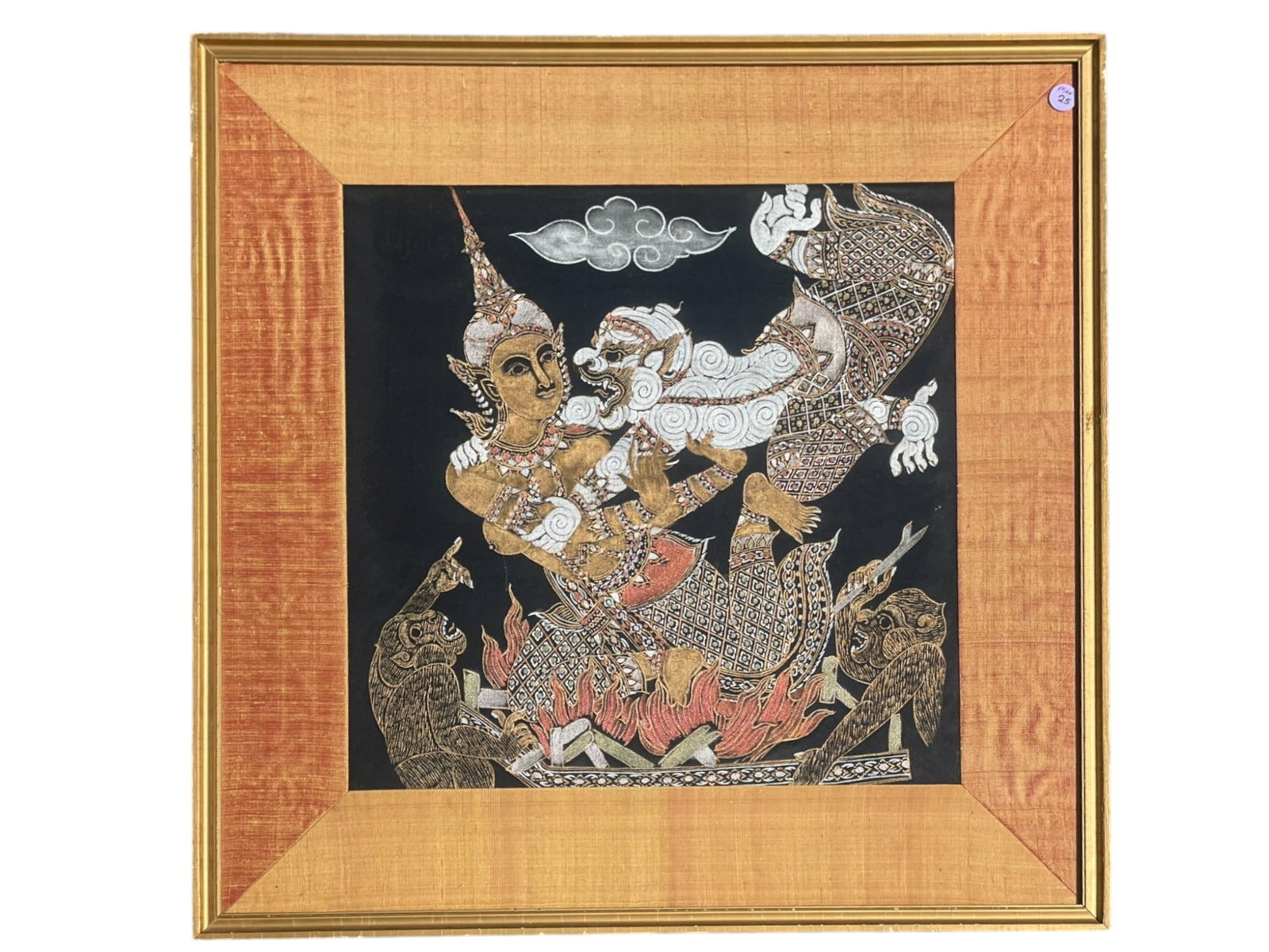 MID CENTURY BALINESE HINDU BATUAN PAINTING: Mid Century 1960 Balinese Hindu Batuan Painting on Fabric, possibly silk. Framed and matted. In frame 25"x25"x3/4". Weight 8 lbs.