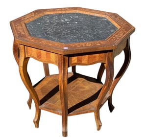 MARQUETRY INLAID OCTAGONAL MARBLE TOP SIDE TABLE