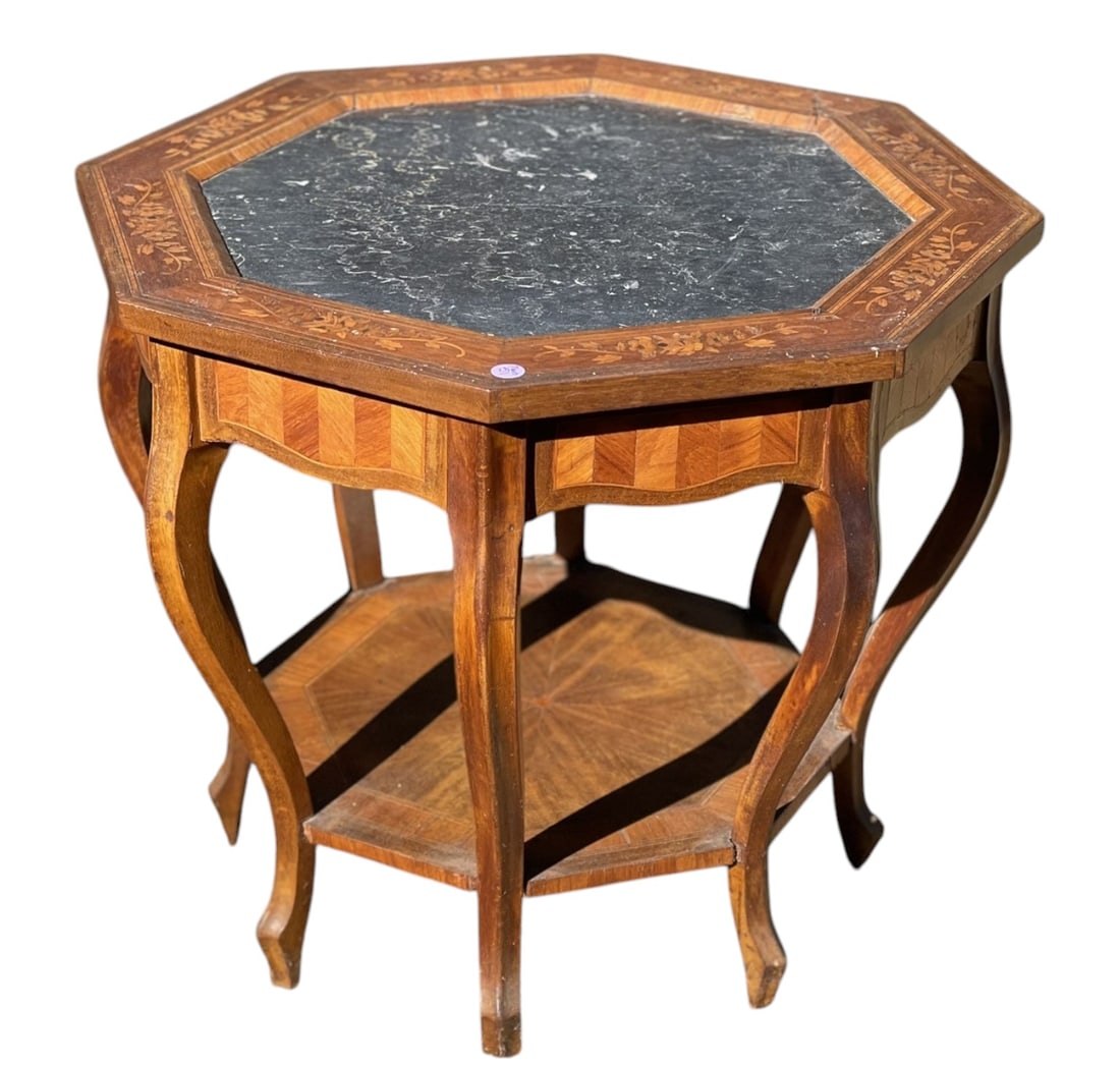 MARQUETRY INLAID OCTAGONAL MARBLE TOP SIDE TABLE (1 of 7)