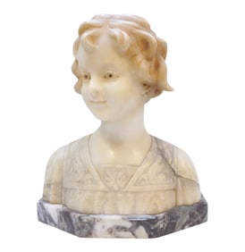 TREFOLONI CARVED ITALIAN ALABASTER CHILDS BUST ON RED MARBLE BASE