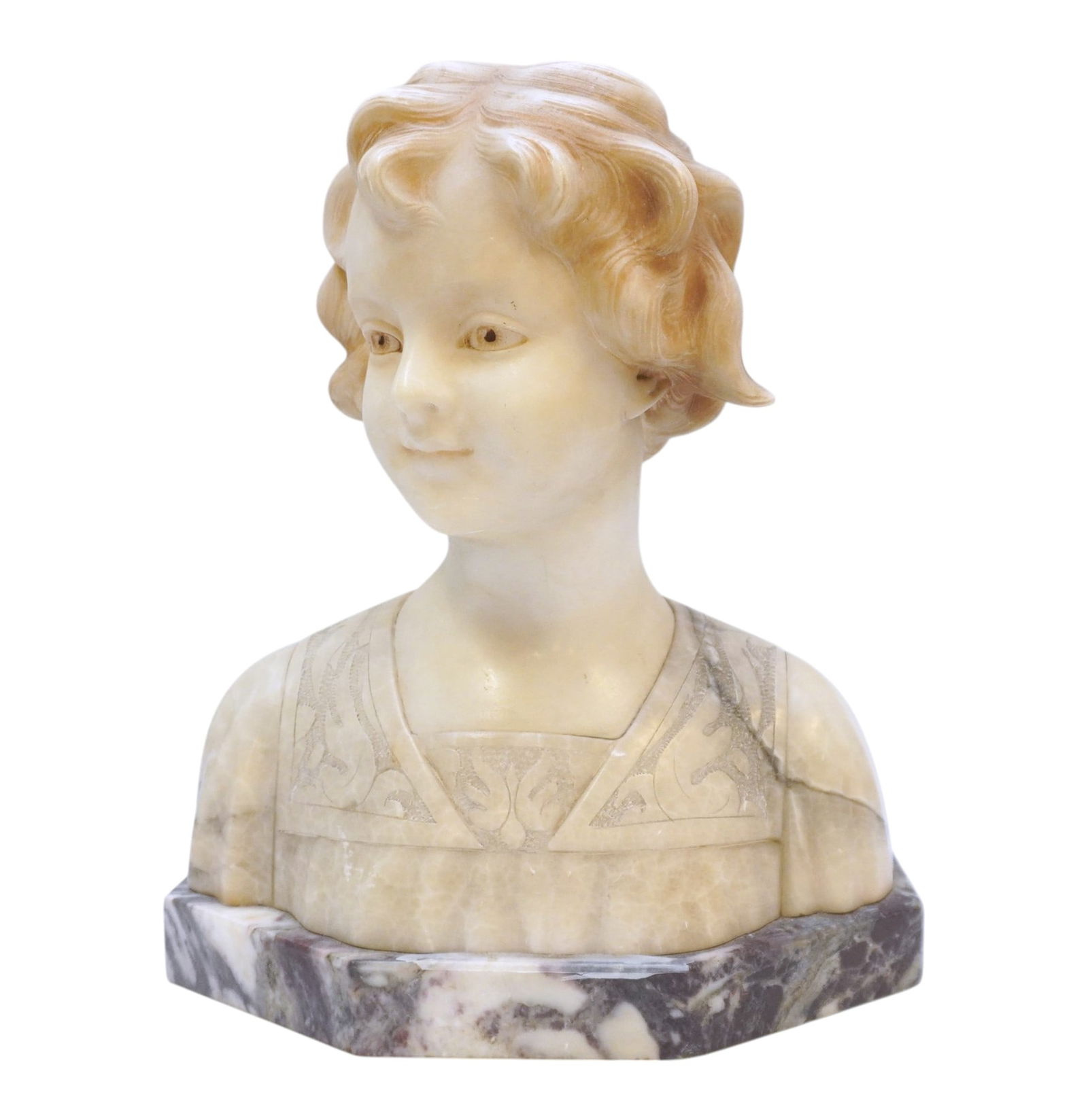 TREFOLONI CARVED ITALIAN ALABASTER CHILDS BUST ON RED MARBLE BASE (1 of 7)