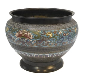 LARGE ANTIQUE JAPANESE CHAMPLEVE BRONZE JARDINIERE