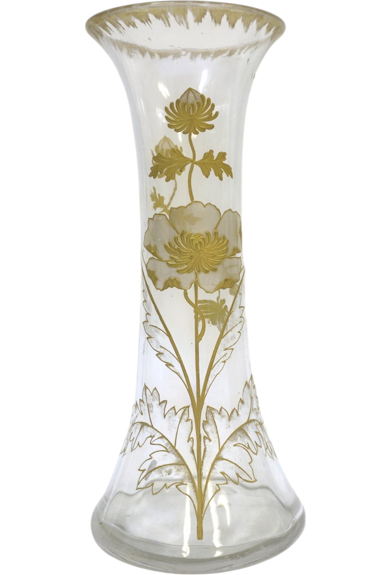 ANTIQUE FRENCH GLASS VASE WITH FLORAL GILDING: A stunning antique French Art Nouveau style large glass vase ornately gilded with flowers and leaves. Numbered on the bottom. Measures 11.5"x4.5". Total weight 3 lbs. PROVENANCE: Willtown Plantation, 