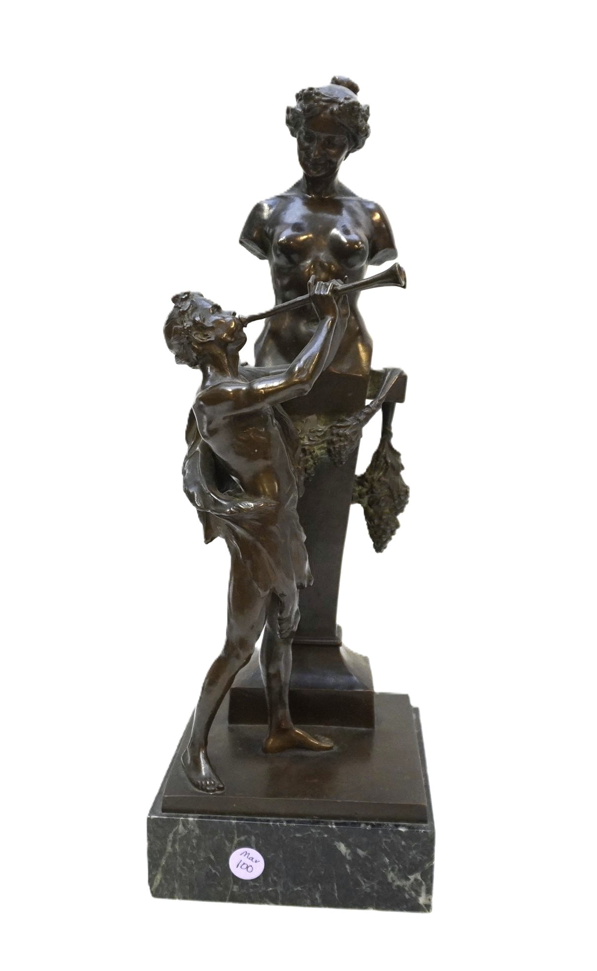 JOHANNES BENK (1844-1914) BRONZE PLEASING THE WINE GODDESS: Johannes Benk (Austrian, 1844-1914) bronze "Pleasing the Wine Goddess", foundry stamp for Wiener Gesellschaft Von Freunden Der Kleinplastik, signed Joh. Benk, verdigris marble base, sculpture,good con