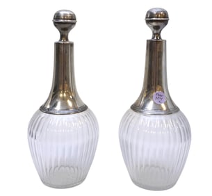 PAIR ANTIQUE FRENCH STERLING & CRYSTAL DECANTERS