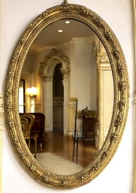 LARGE 19tTH C ORNATE OVAL OVAL GILT WOOD MIRROR 66"