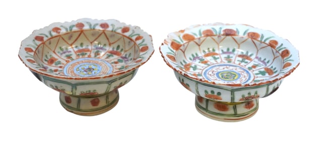 2 ANTIQUE THAI PORCELAIN BENJARONG TAZZA RARE