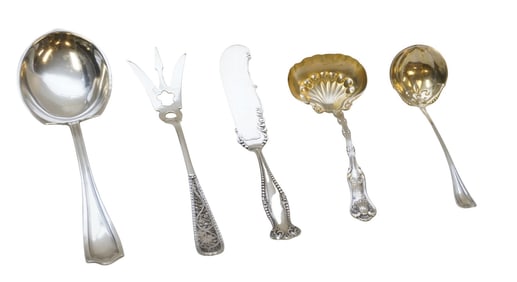 5 PC ANTIQUE STERLING SERVING PIECES LETTUCE - CASSEROLE - LADLES
