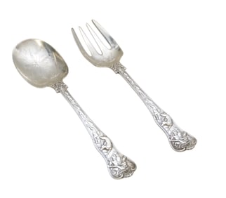 2 PC PAUL STORR 1818 ORNATE STERLING STAG HUNT SERVING SPOON & FORK