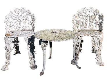 VICTORIAN LEAF & GRAPE CAST IRON CHAIRS & TABLE 3 PC