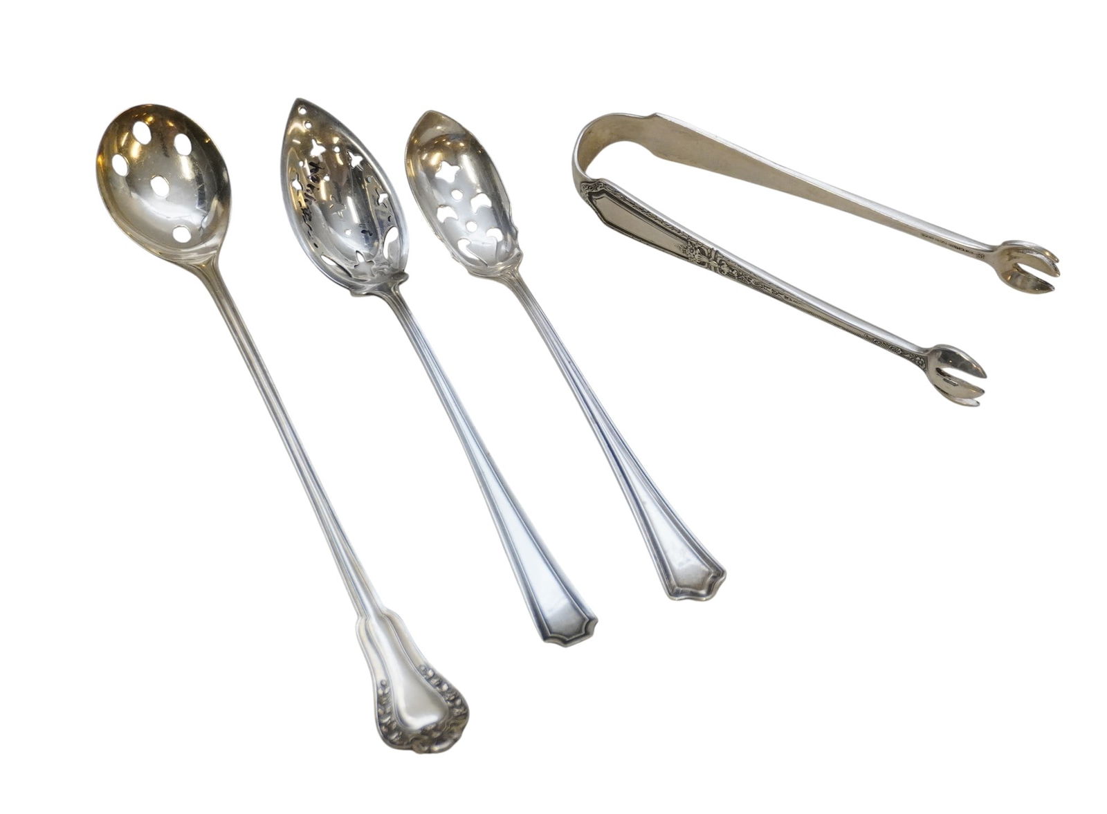 4 ANTIQUE STERLING SERVING PIECES OLIVE SPOONS - SUGAR TONGS (1 of 4)