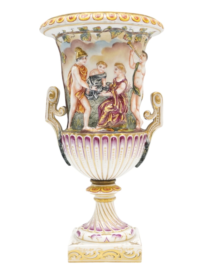 19TH c CAPODIMONTE PORCELAIN URN: Antique Italian Capodimonte Porcelain Amphora Urn, decorated in high and low relief with mythological figures in polychrome and gilt. Stylized side handles. weighs 3lbs 5 oz and measures 11.5" x 5" x
