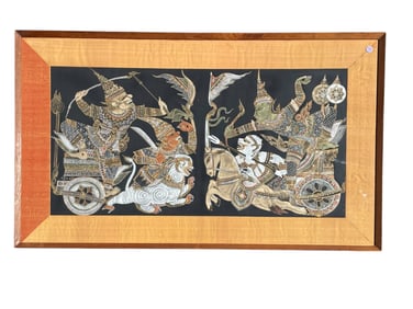 MID CENTURY THAI WARRIORS HAND PAINTED ON SILK