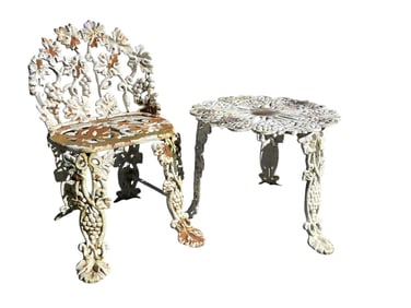 VICTORIAN CAST IRON GARDEN TABLE & CHAIR GRAPE & LEAF