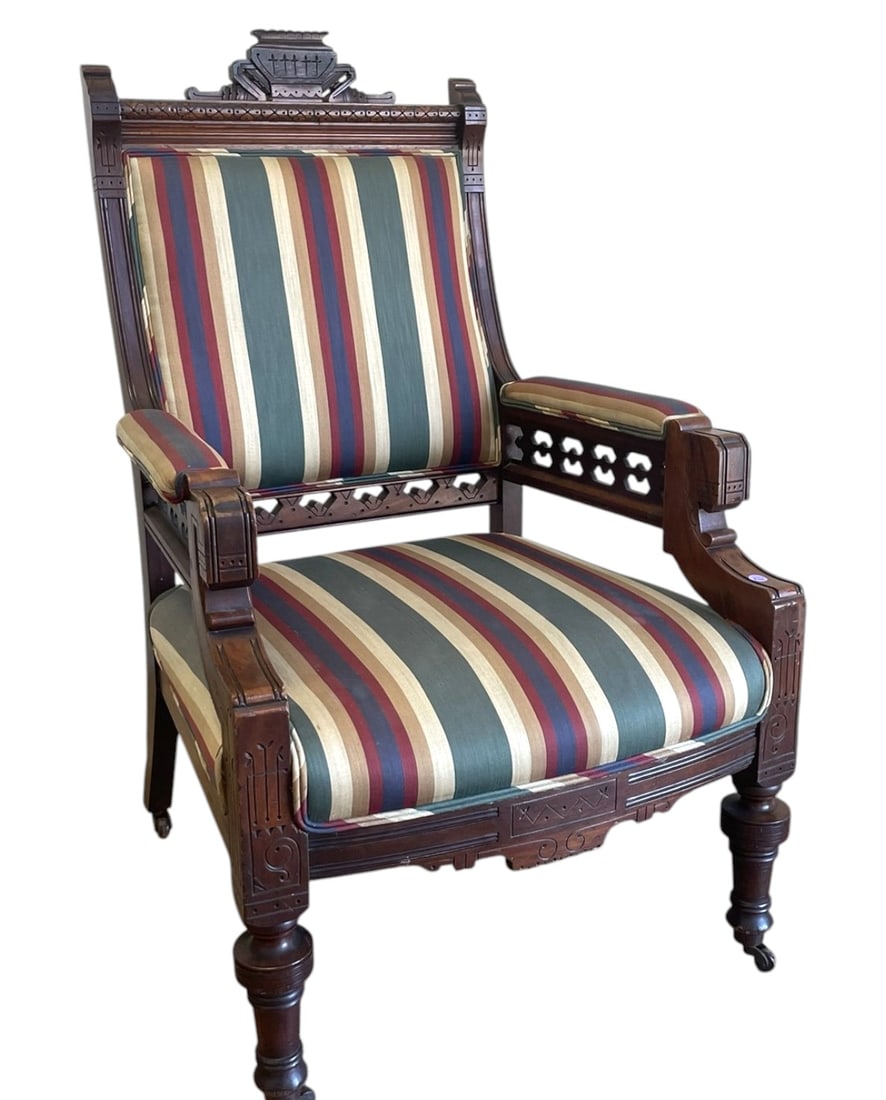 AMERICAN EASTLAKE ARMCHAIR: Antique American Eastlake Armchair. On castors, measures 24"x28"x41". PROVENANCE: The estate of noted Charleston Attorney, Scholar and Passionate Collector, James Kirkland Grant, Wentworth Street, Cha