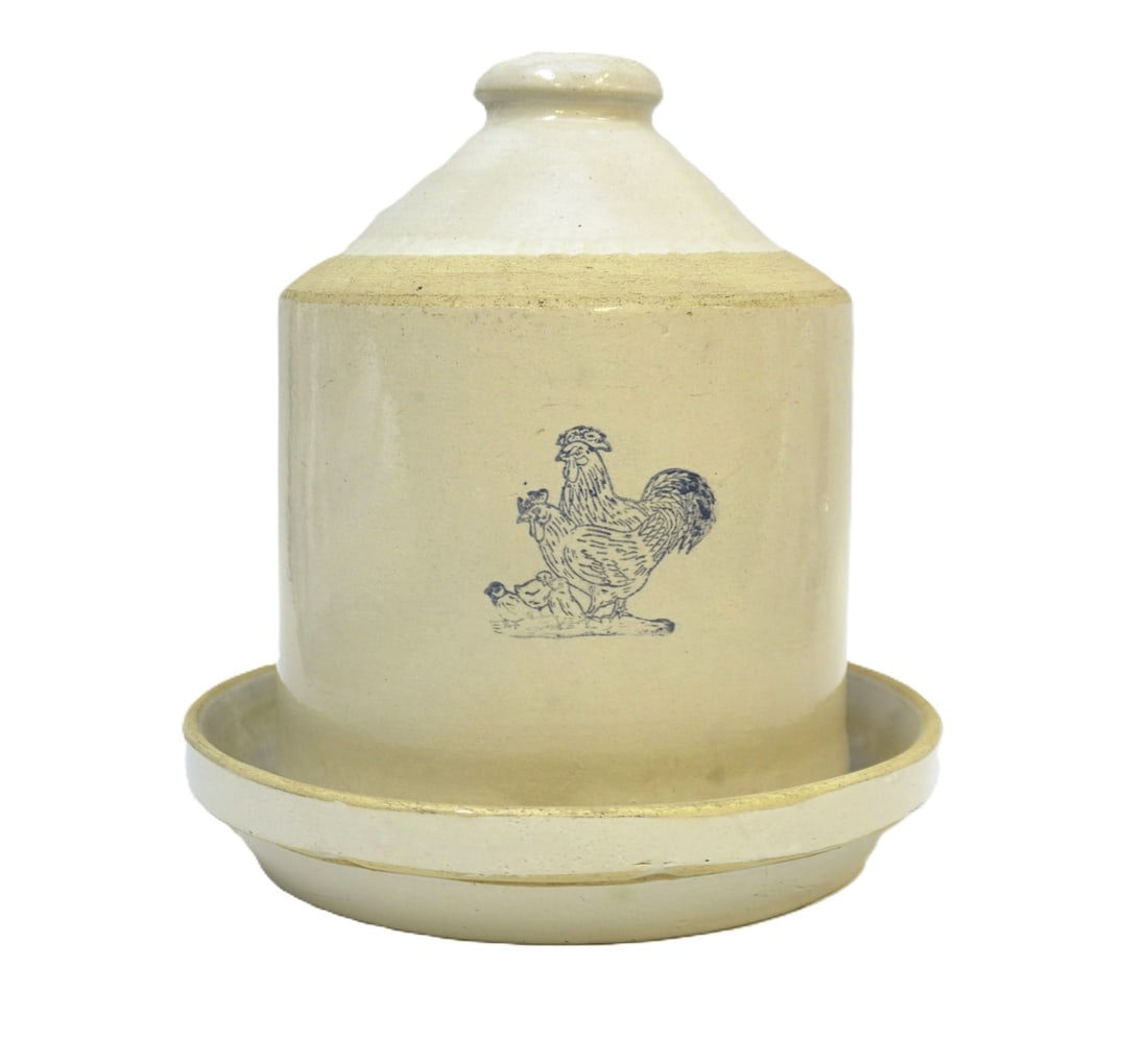 ANTIQUE STONEWARE CHICKEN FEEDER WITH WATER MOUNT (1 of 6)