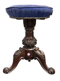 ANTIQUE MAHOGANY PIANO STOOL WITH VELVET UPHOLSTERY
