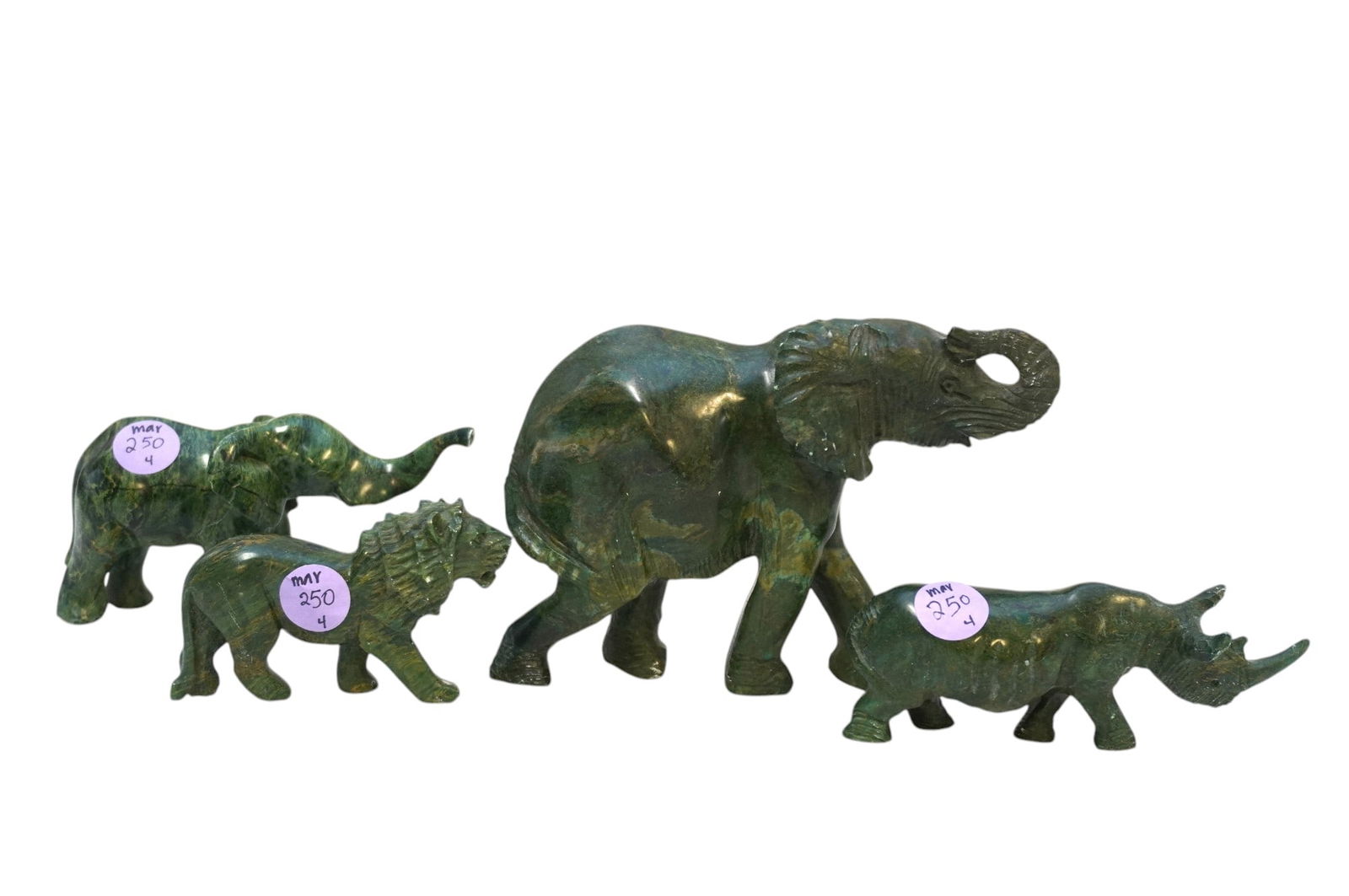 4 VERDITE STONE CARVED RHINO, LION & ELEPHANTS (1 of 4)