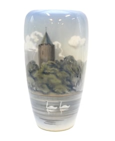 ROYAL COPENHAGEN VASE WITH SWANS AND TOWER IN VORDINGBORG DENMARK