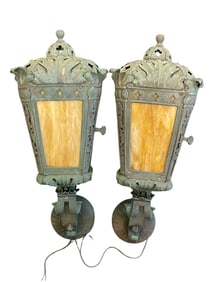 2 GOTHIC BRASS SLAG GLASS EXTERIOR LANTERNS